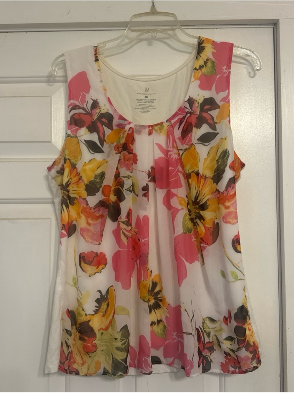 New York & Company White Floral Chiffon Tank with Pink & Yellow Blooms